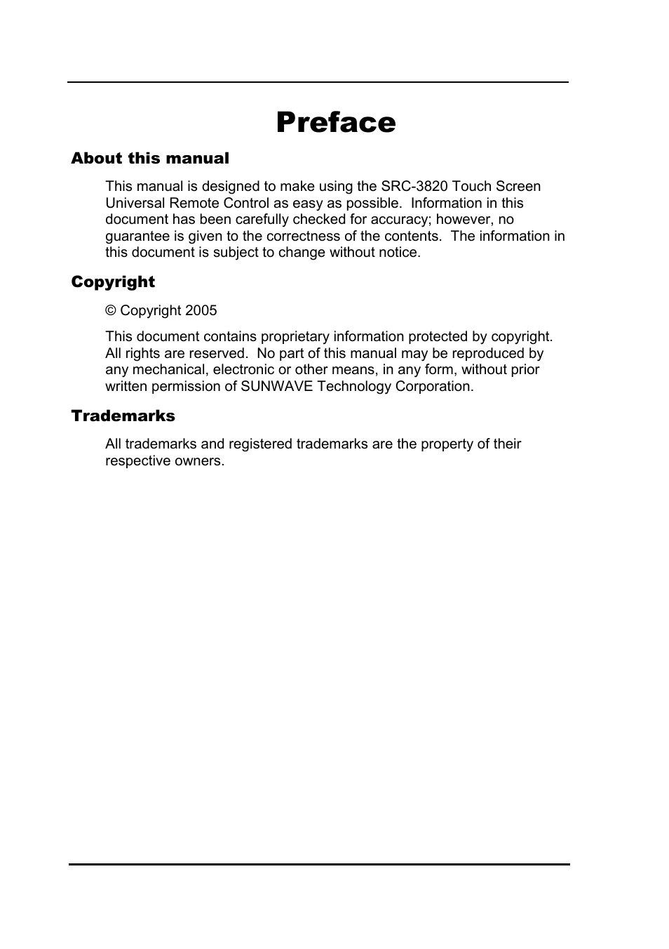 Preface | Sunwave Tech. SRC-3820 User Manual | Page 3 / 51