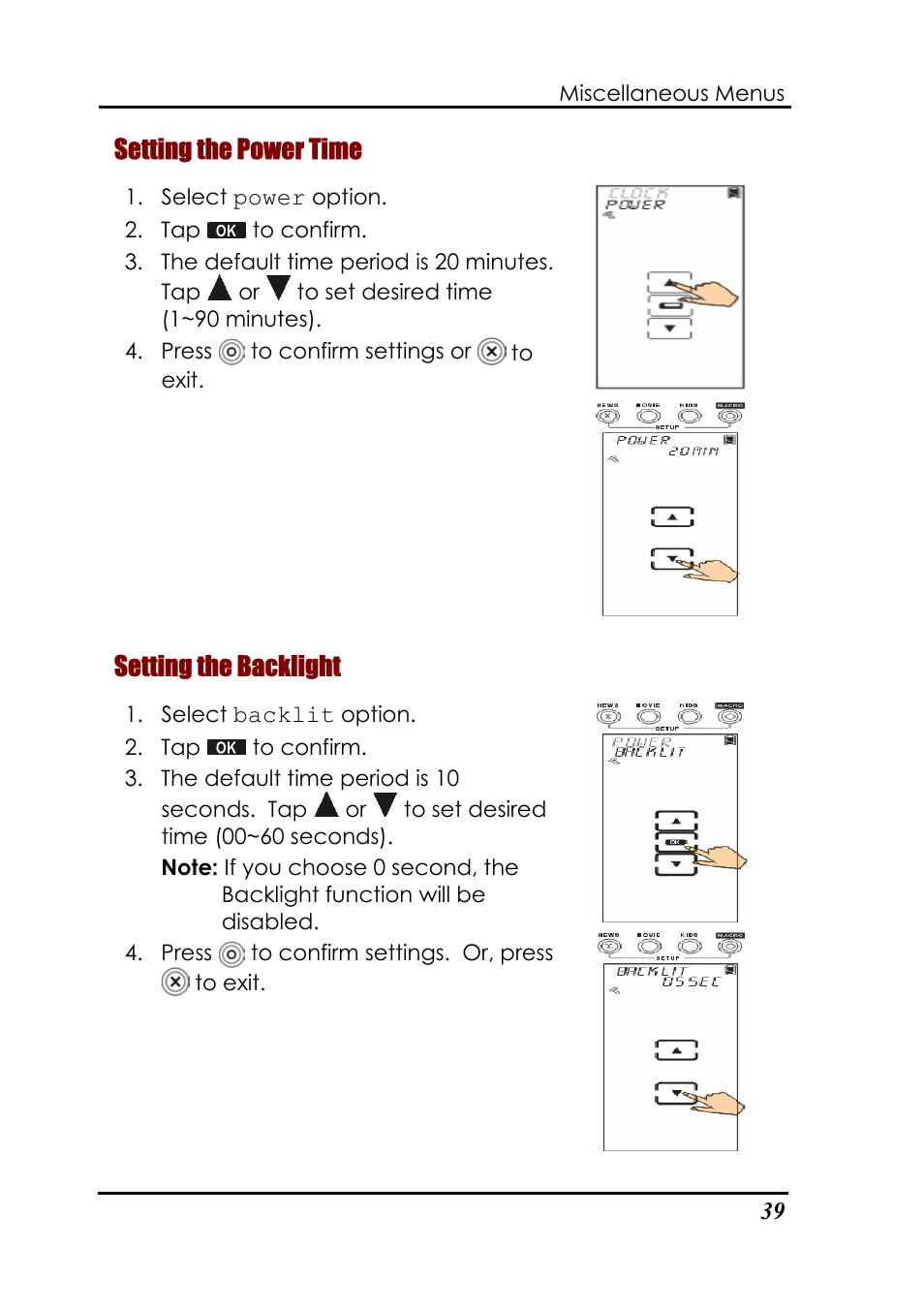 Setting the power time, Setting the backlight | Sunwave Tech. SRC-3820 User Manual | Page 45 / 51