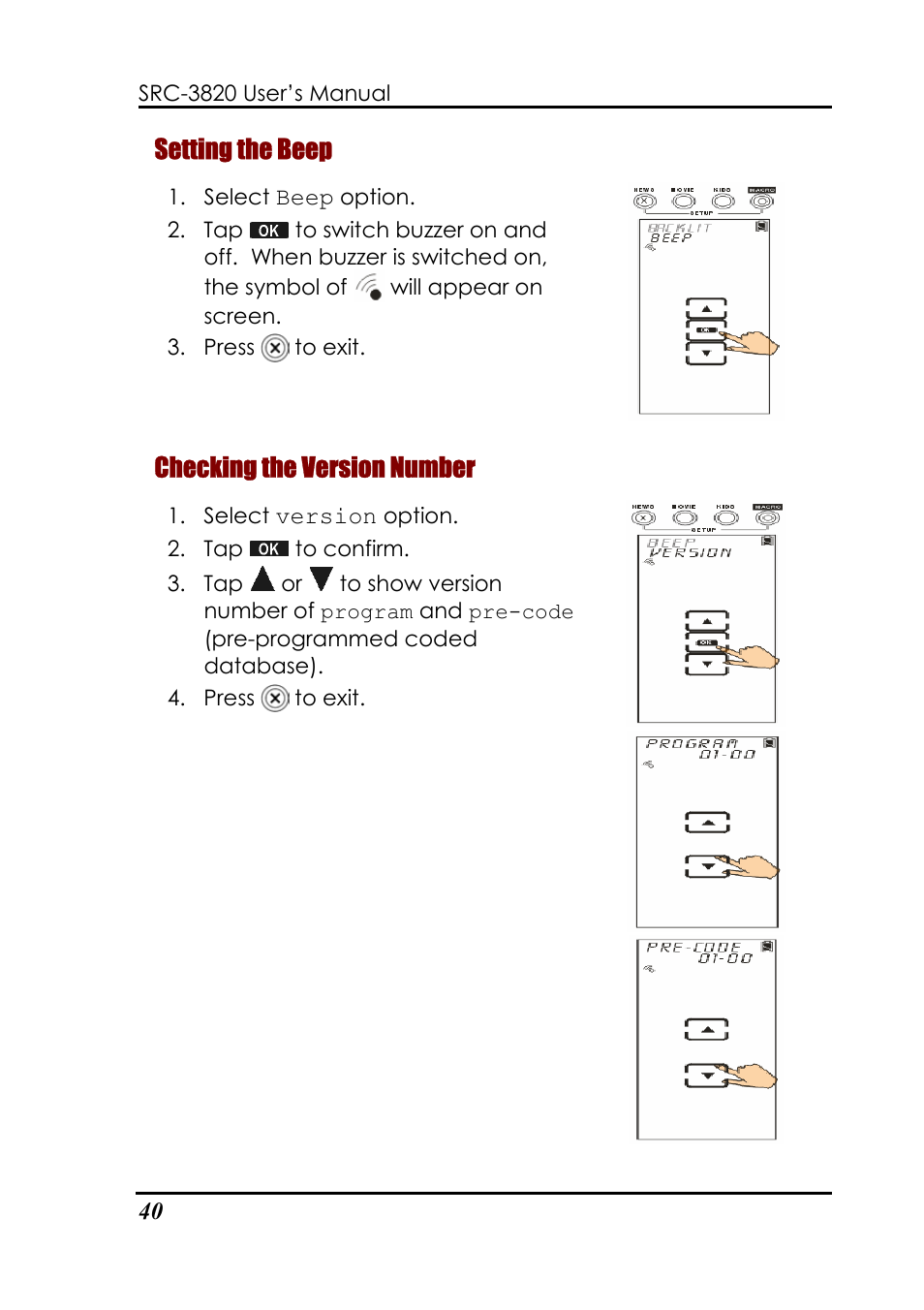 Setting the beep, Checking the version number | Sunwave Tech. SRC-3820 User Manual | Page 46 / 51