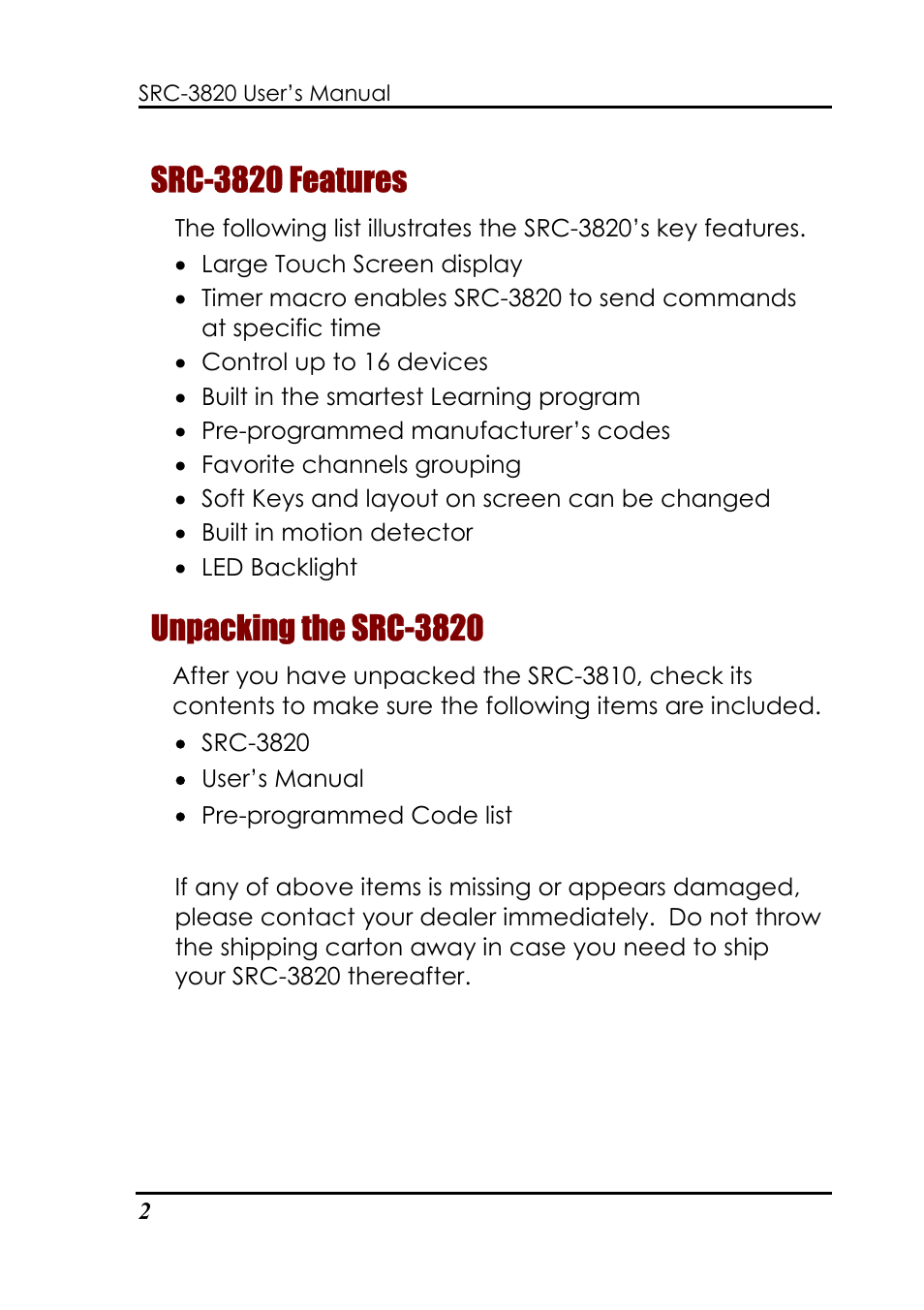 Src-3820 features, Unpacking the src-3820 | Sunwave Tech. SRC-3820 User Manual | Page 8 / 51