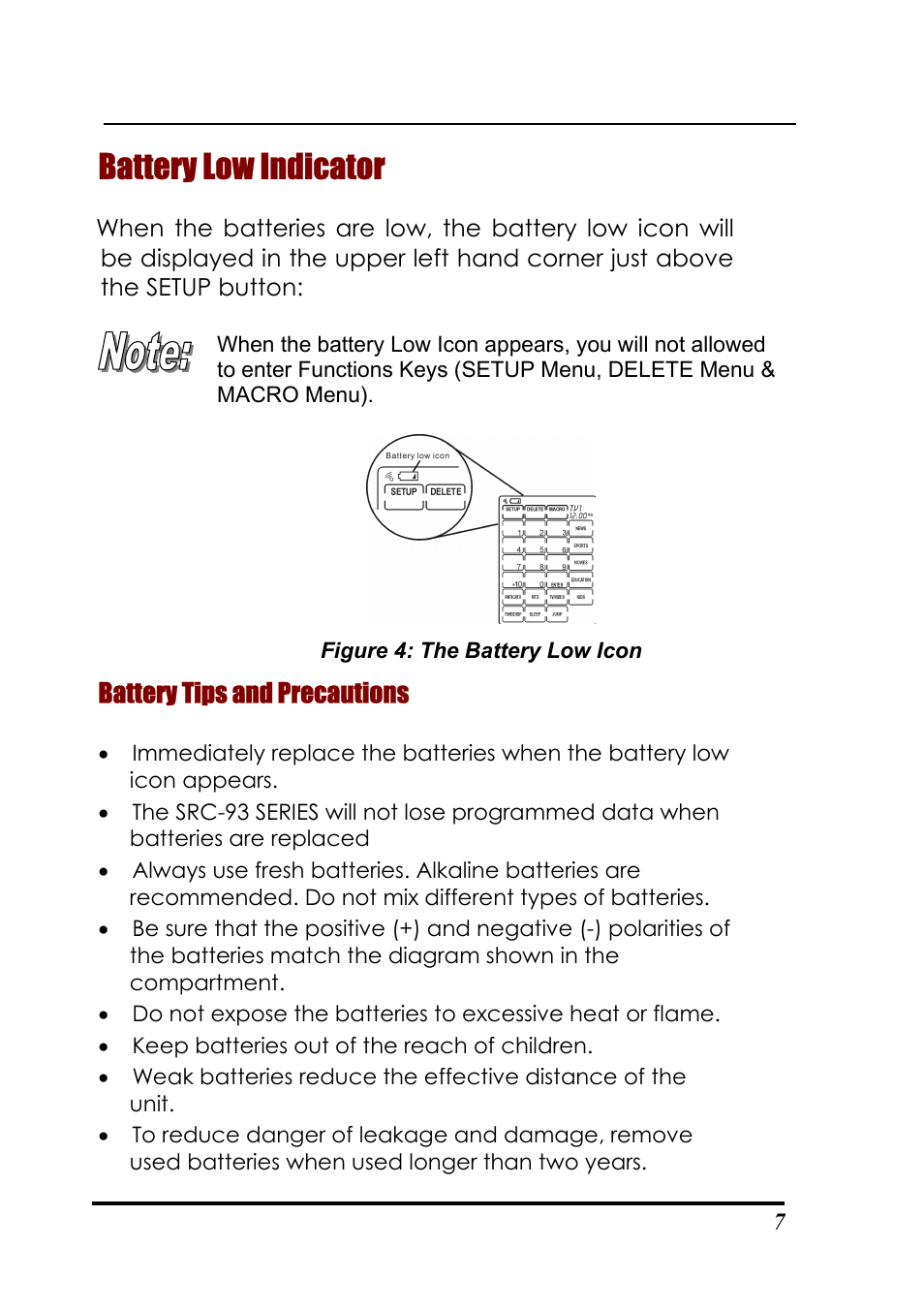 Battery low indicator, Battery tips and precautions | Sunwave Tech. SRC-3310/9320 User Manual | Page 11 / 51