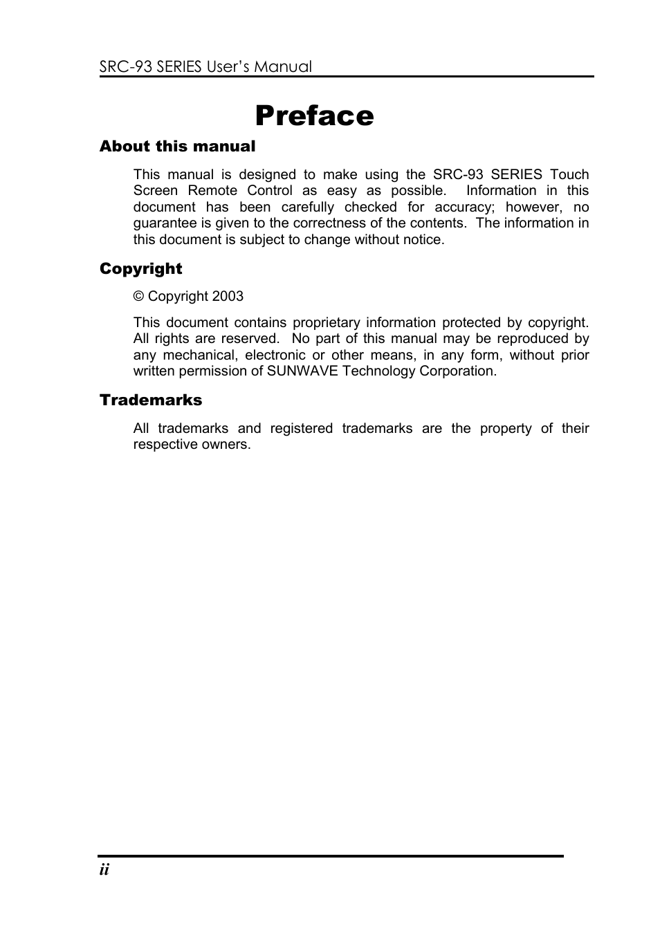 Preface | Sunwave Tech. SRC-3310/9320 User Manual | Page 2 / 51