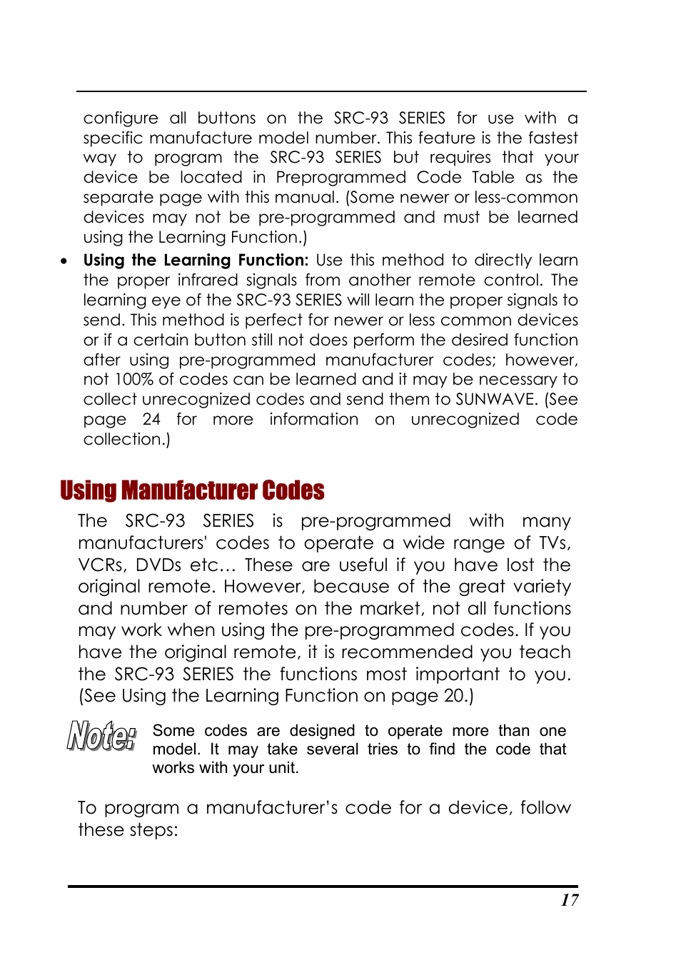 Using manufacturer codes | Sunwave Tech. SRC-3310/9320 User Manual | Page 21 / 51