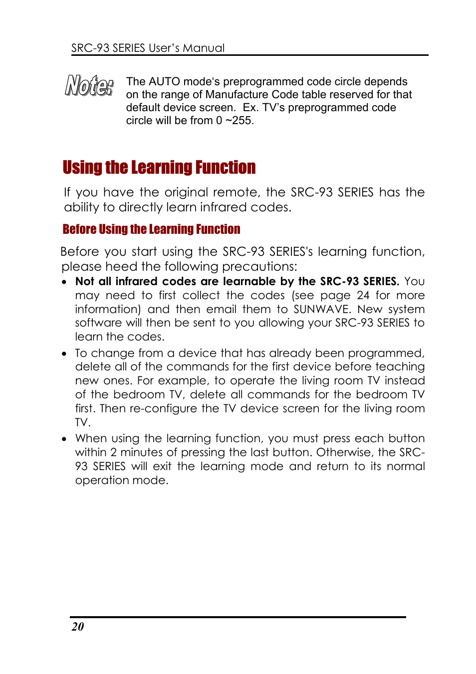 Using the learning function | Sunwave Tech. SRC-3310/9320 User Manual | Page 24 / 51