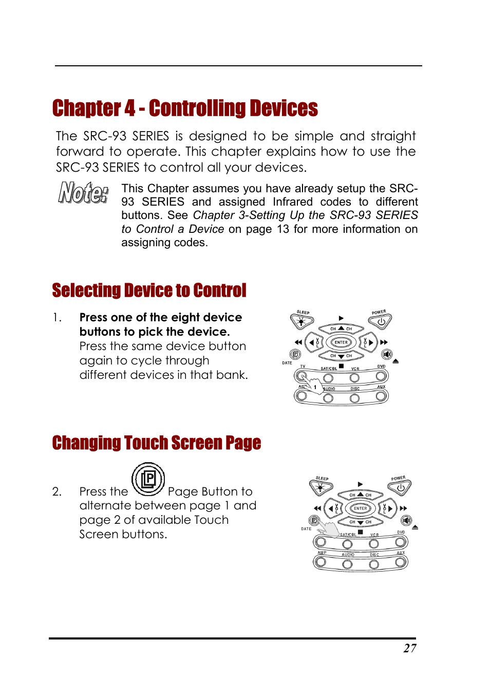 Chapter 4 - controlling devices, Selecting device to control, Changing touch screen page | Sunwave Tech. SRC-3310/9320 User Manual | Page 31 / 51