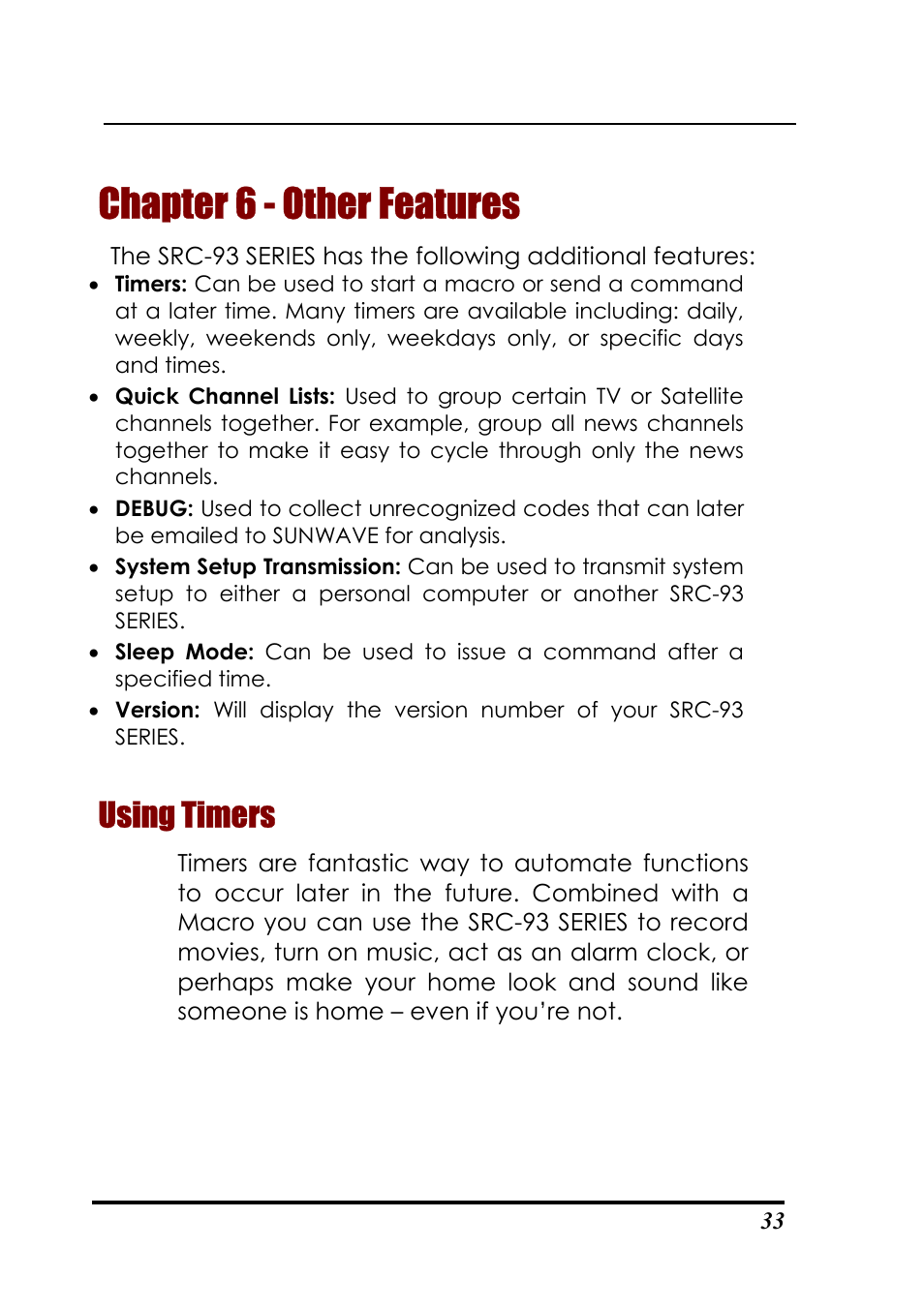 Chapter 6 - other features, Using timers | Sunwave Tech. SRC-3310/9320 User Manual | Page 37 / 51