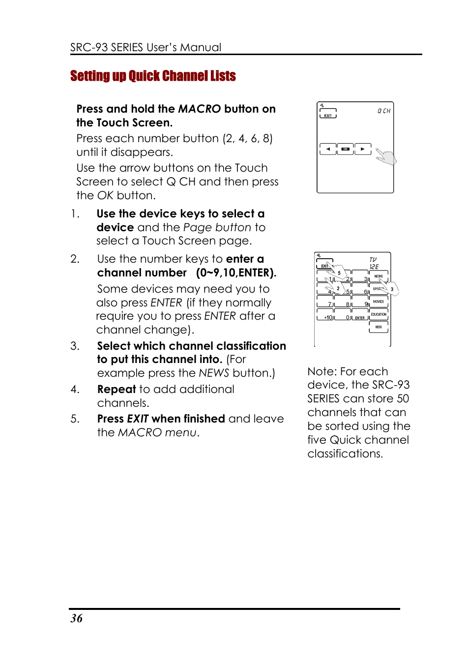 Setting up quick channel lists | Sunwave Tech. SRC-3310/9320 User Manual | Page 40 / 51