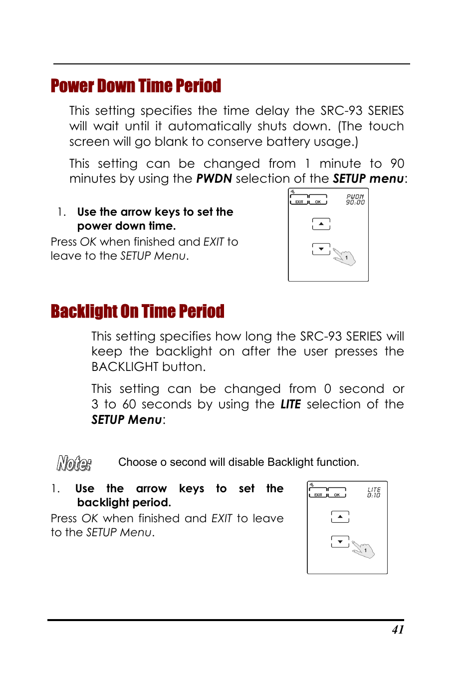 Power down time period, Backlight on time period | Sunwave Tech. SRC-3310/9320 User Manual | Page 45 / 51