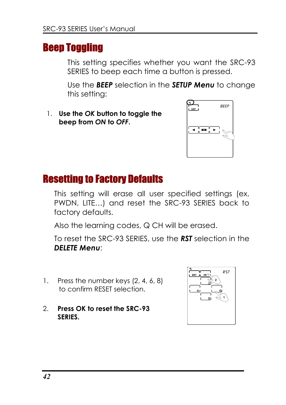 Beep toggling, Resetting to factory defaults | Sunwave Tech. SRC-3310/9320 User Manual | Page 46 / 51