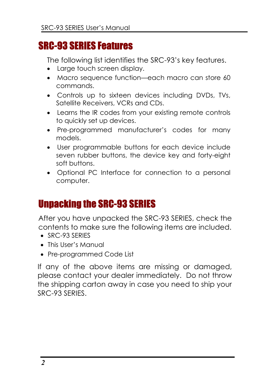 Src-93 series features, Unpacking the src-93 series | Sunwave Tech. SRC-3310/9320 User Manual | Page 6 / 51