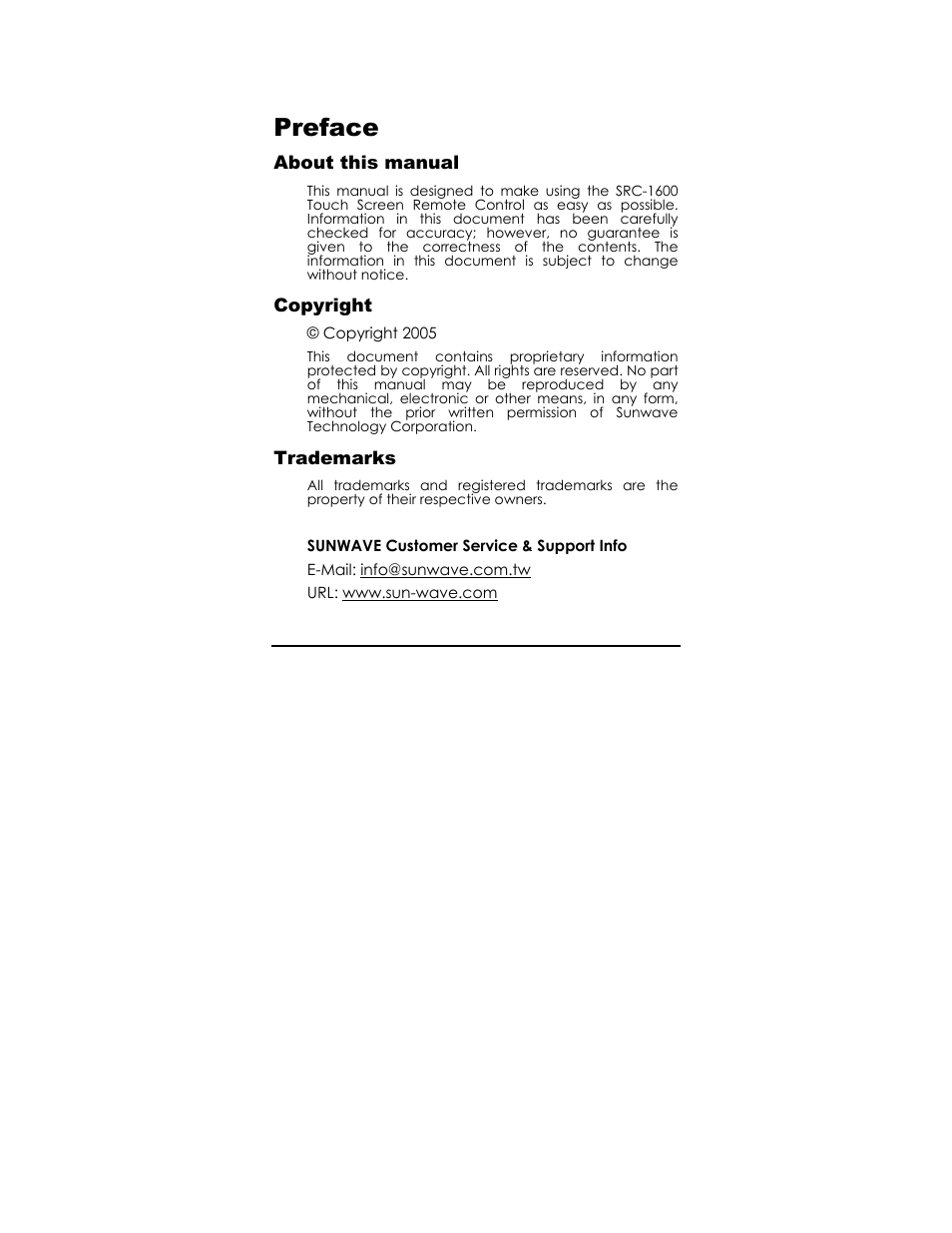 Preface | Sunwave Tech. SRC-1600 User Manual | Page 2 / 38