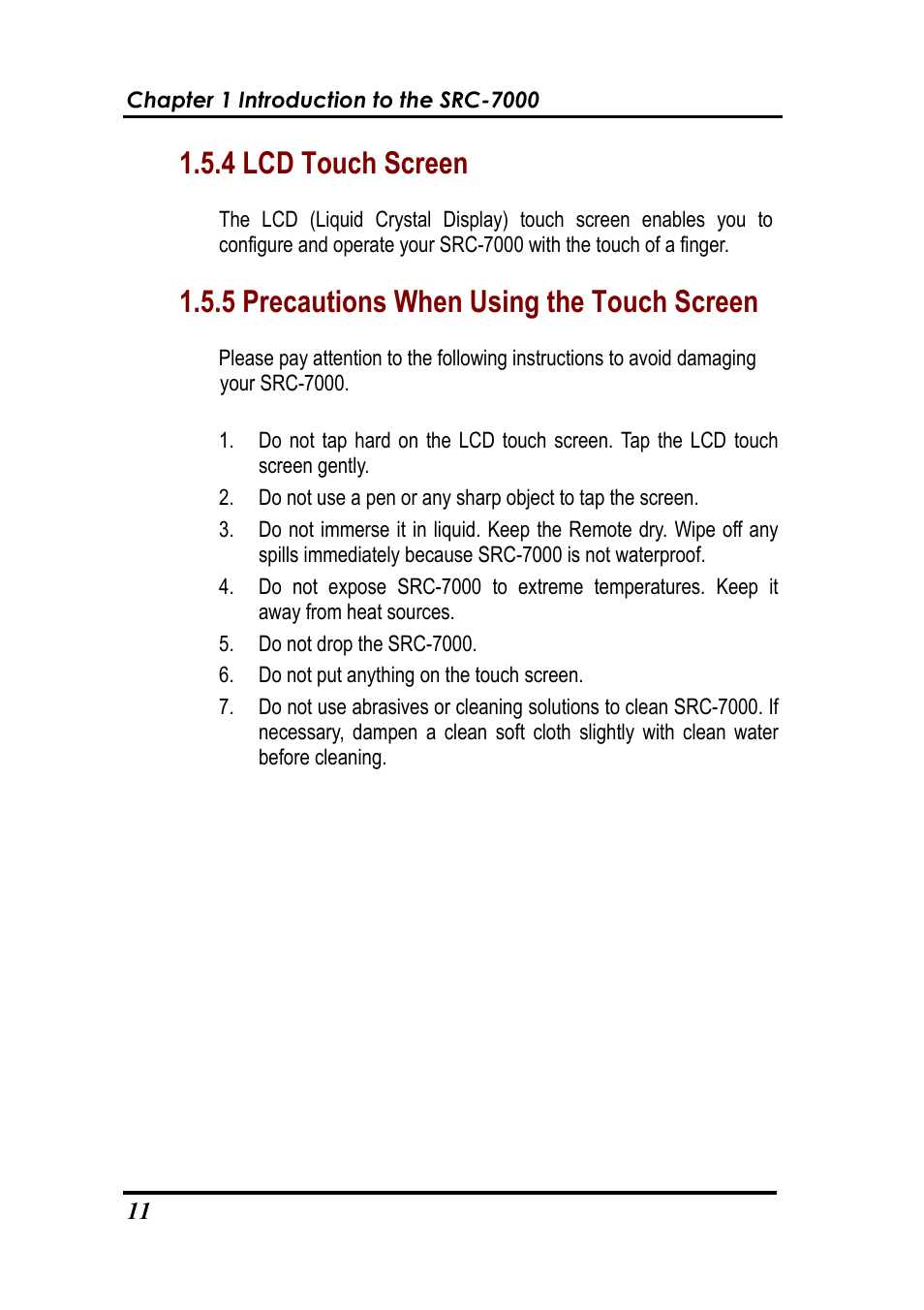 4 lcd touch screen, 5 precautions when using the touch screen | Sunwave Tech. SRC-7000 User Manual | Page 13 / 75