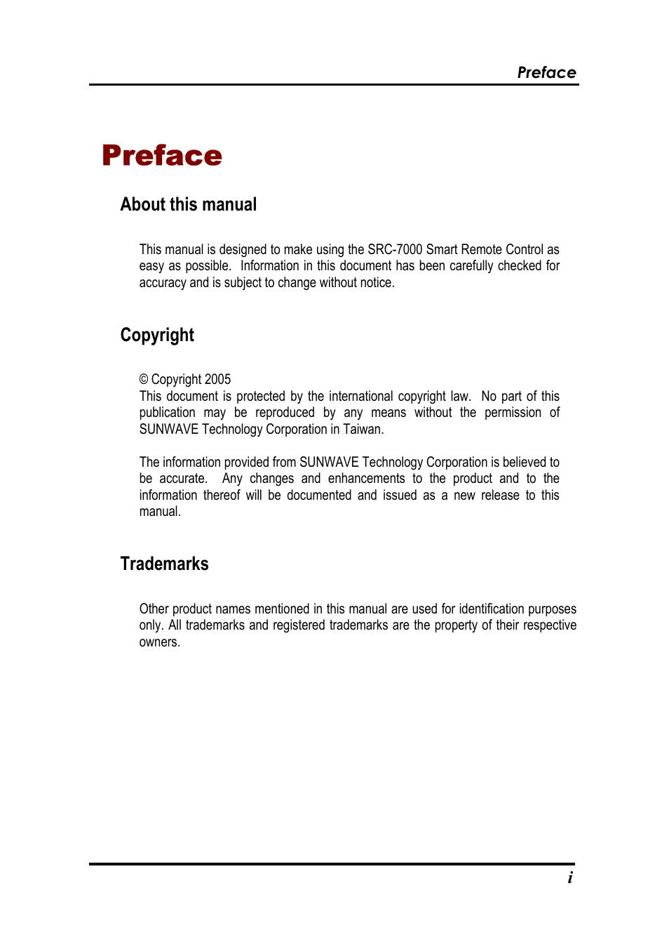 Preface | Sunwave Tech. SRC-7000 User Manual | Page 2 / 75