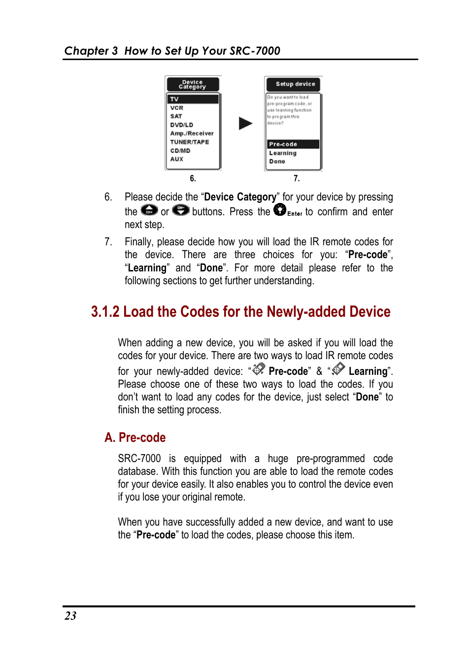 2 load the codes for the newly-added device, A. pre-code | Sunwave Tech. SRC-7000 User Manual | Page 25 / 75