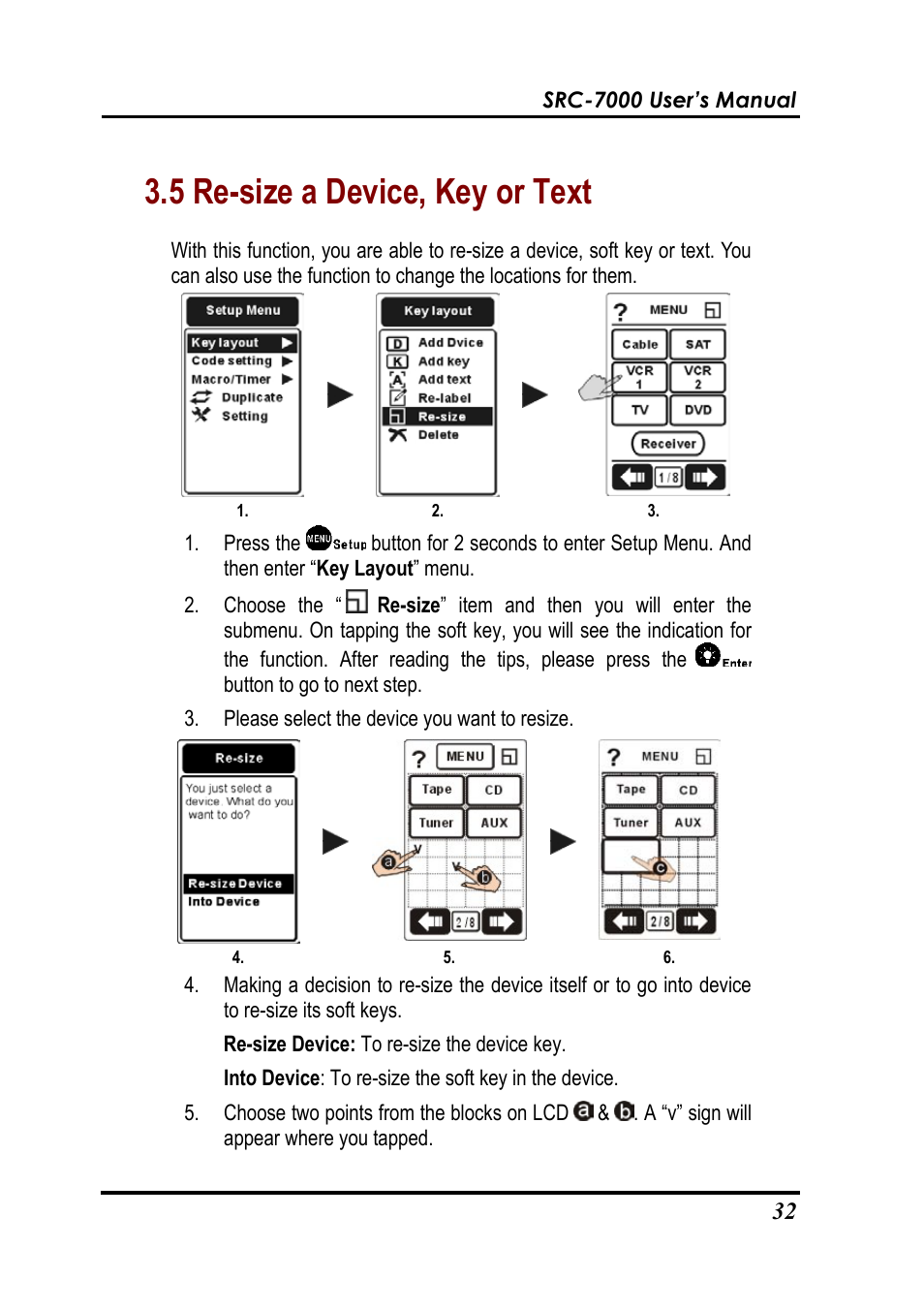 5 re-size a device, key or text | Sunwave Tech. SRC-7000 User Manual | Page 34 / 75