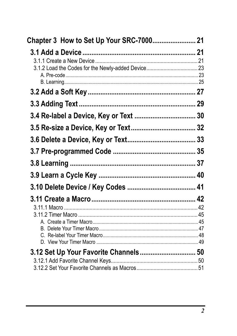 1 add a device, 2 add a soft key, 3 adding text | 4 re-label a device, key or text, 5 re-size a device, key or text, 6 delete a device, key or text, 7 pre-programmed code, 8 learning, 9 learn a cycle key, 10 delete device / key codes | Sunwave Tech. SRC-7000 User Manual | Page 4 / 75