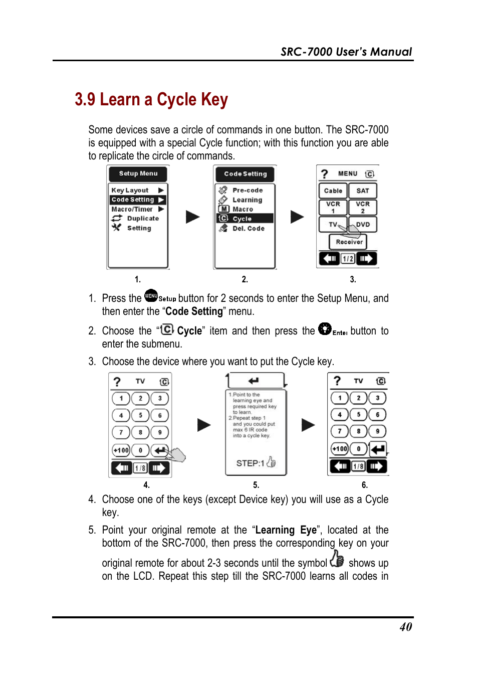 9 learn a cycle key | Sunwave Tech. SRC-7000 User Manual | Page 42 / 75