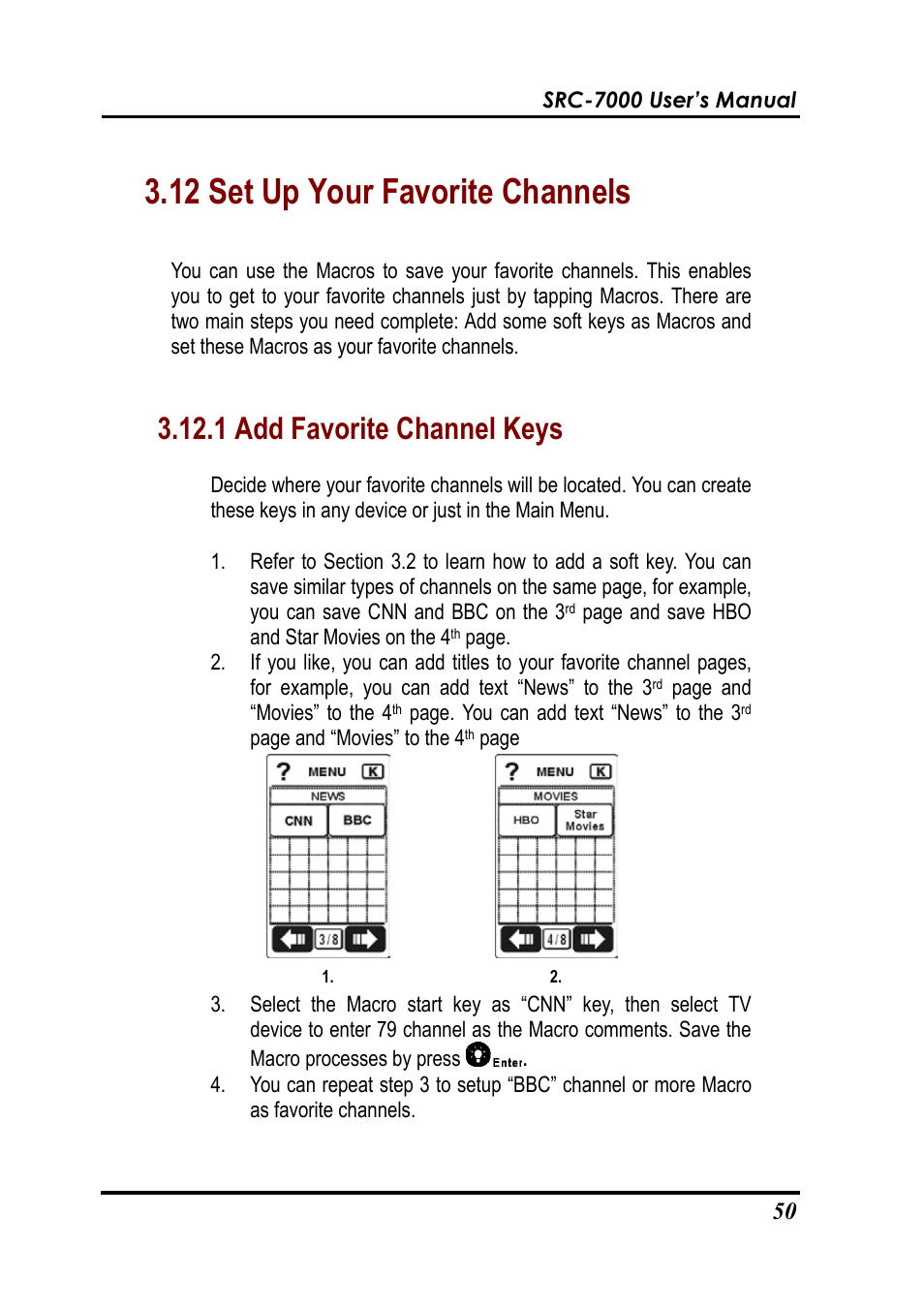 12 set up your favorite channels, 1 add favorite channel keys | Sunwave Tech. SRC-7000 User Manual | Page 52 / 75