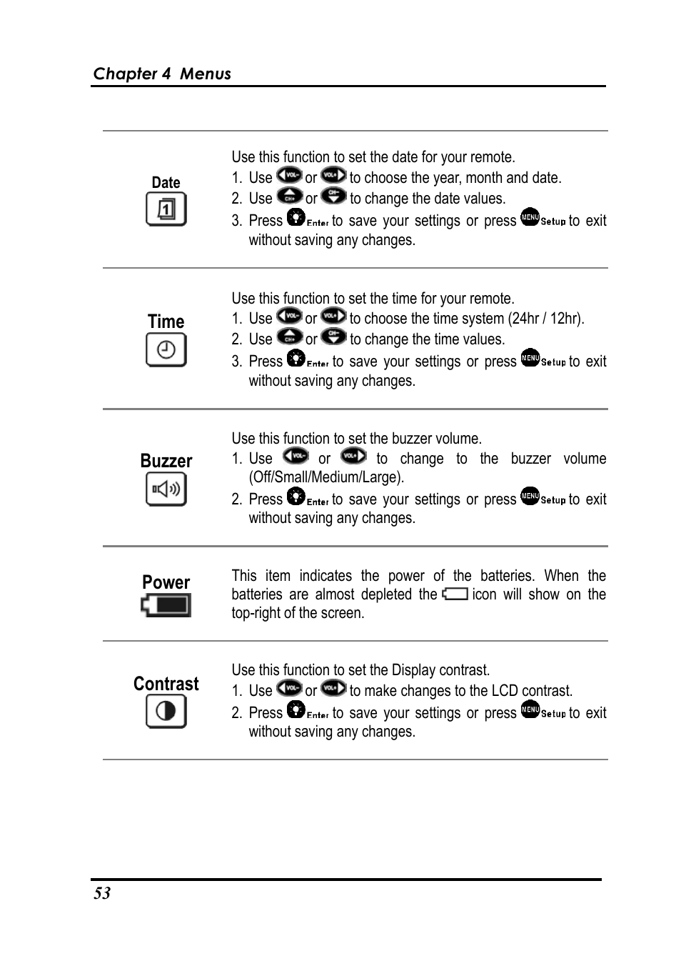 Time, Buzzer, Power | Contrast | Sunwave Tech. SRC-7000 User Manual | Page 55 / 75