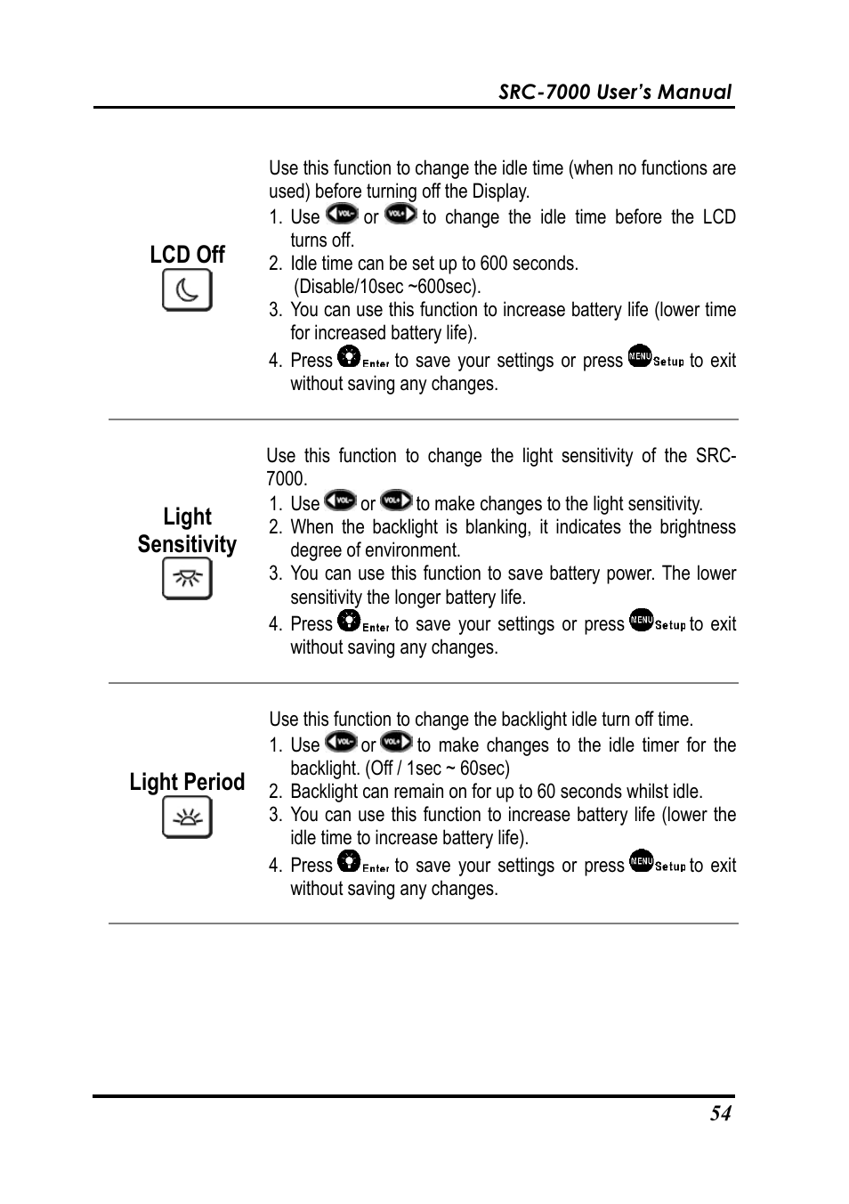 Lcd off, Light sensitivity, Light period | Sunwave Tech. SRC-7000 User Manual | Page 56 / 75