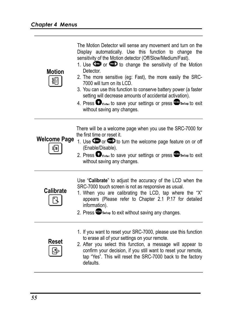 Motion, Welcome page, Calibrate | Reset | Sunwave Tech. SRC-7000 User Manual | Page 57 / 75