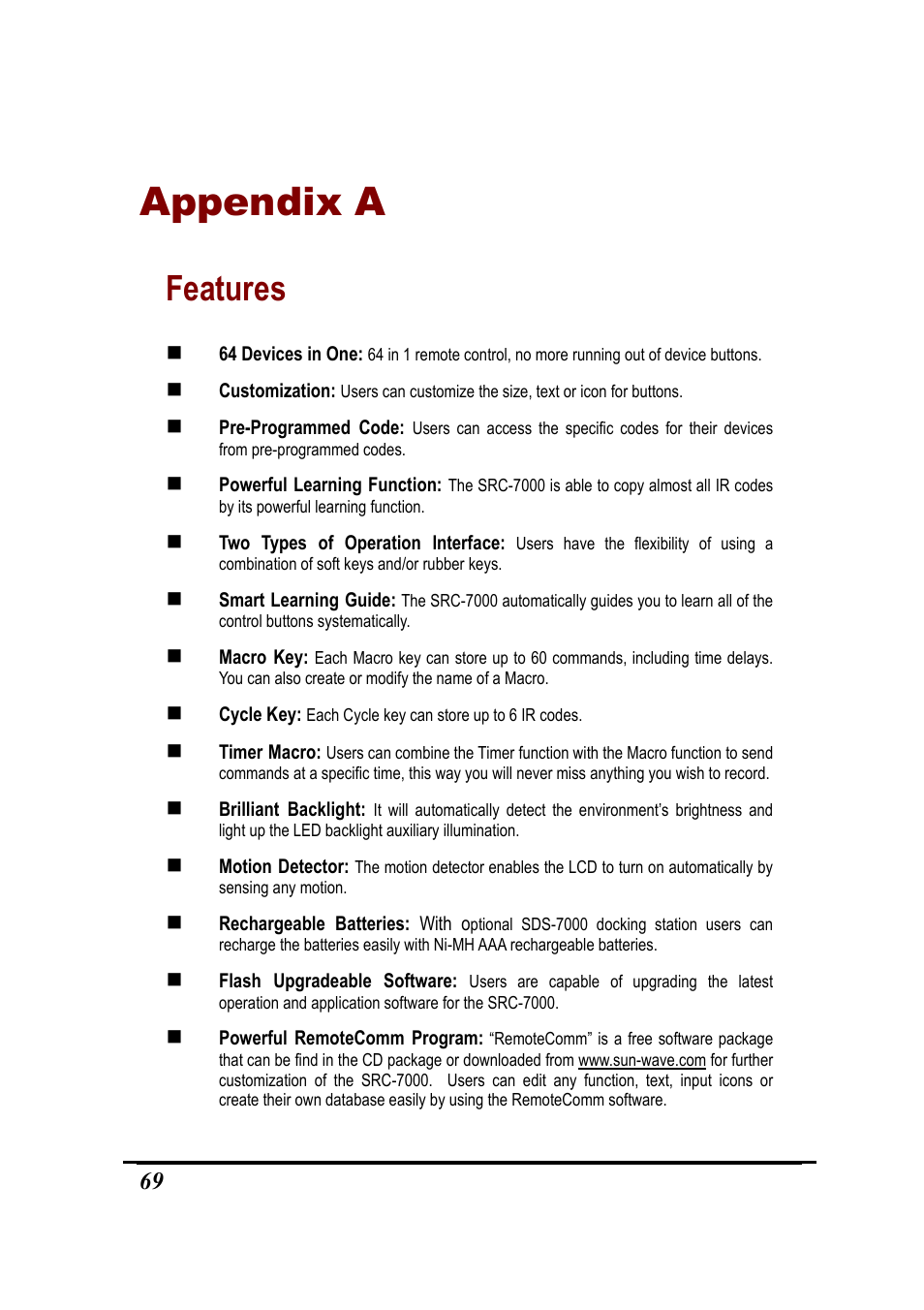 Appendix a, Features | Sunwave Tech. SRC-7000 User Manual | Page 71 / 75