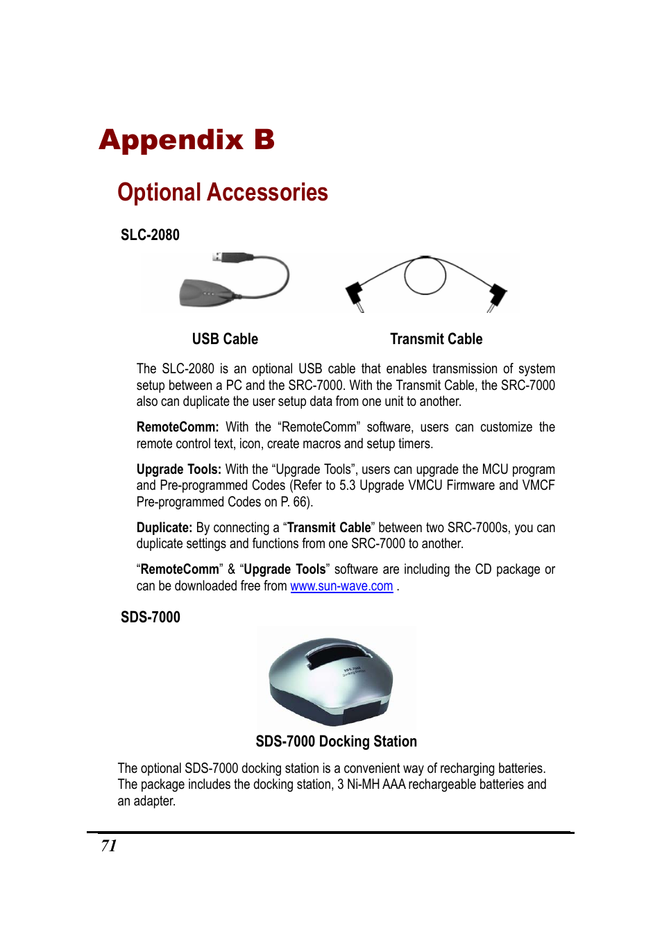 Appendix b, Optional accessories | Sunwave Tech. SRC-7000 User Manual | Page 73 / 75