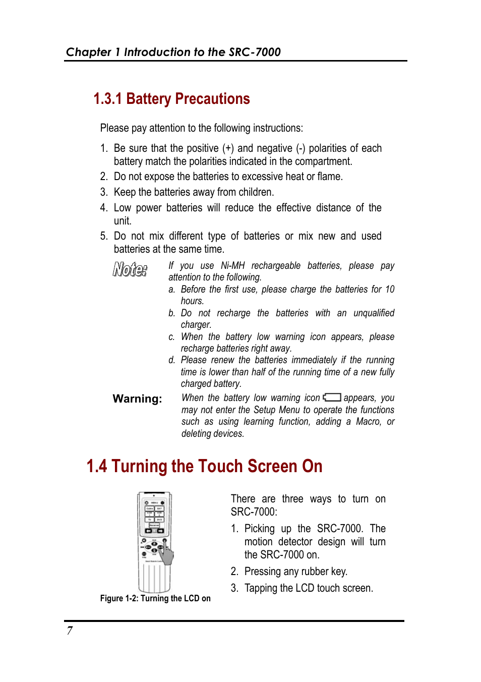 4 turning the touch screen on, 1 battery precautions | Sunwave Tech. SRC-7000 User Manual | Page 9 / 75