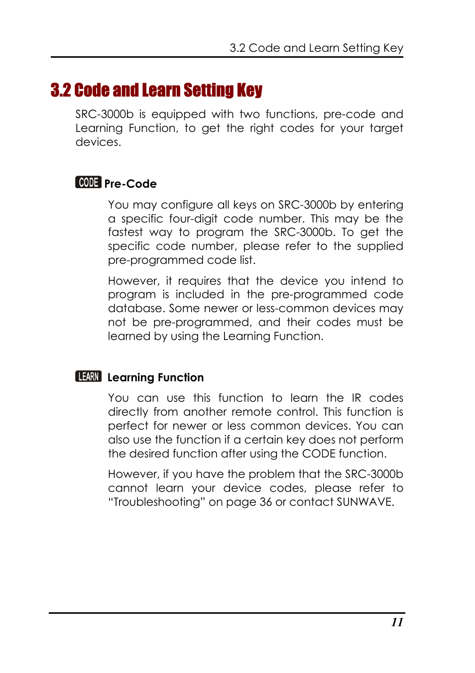 2 code and learn setting key | Sunwave Tech. SRC-3000b User Manual | Page 15 / 42