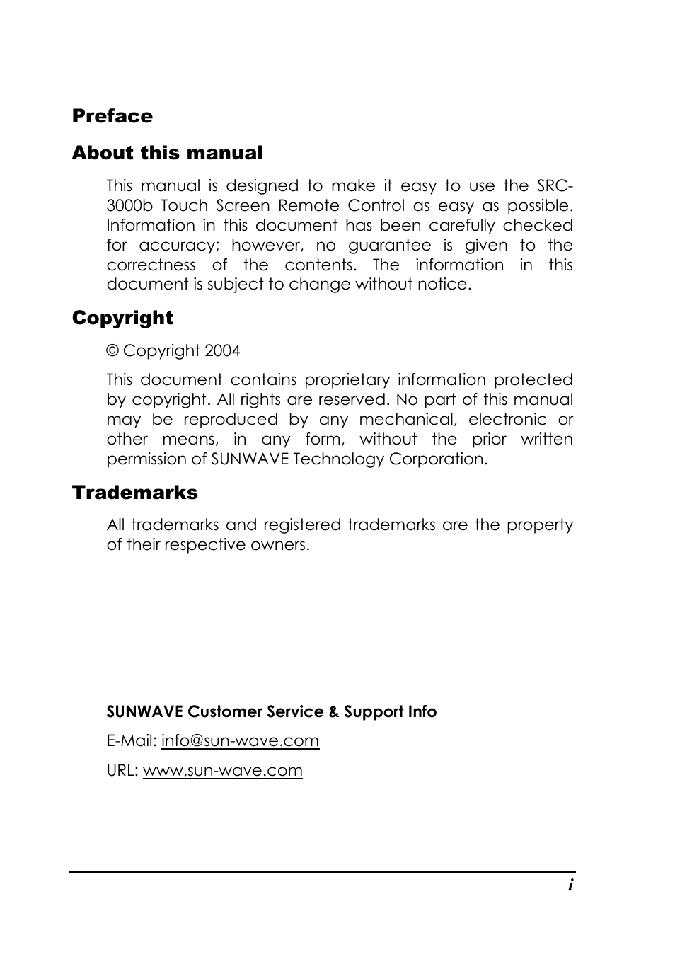 Preface about this manual, Copyright, Trademarks | Sunwave Tech. SRC-3000b User Manual | Page 2 / 42