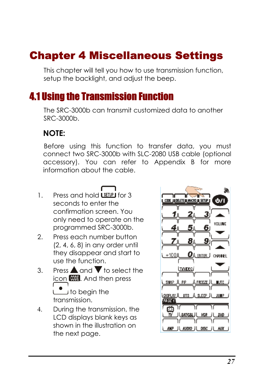 Chapter 4 miscellaneous settings, 1 using the transmission function | Sunwave Tech. SRC-3000b User Manual | Page 31 / 42