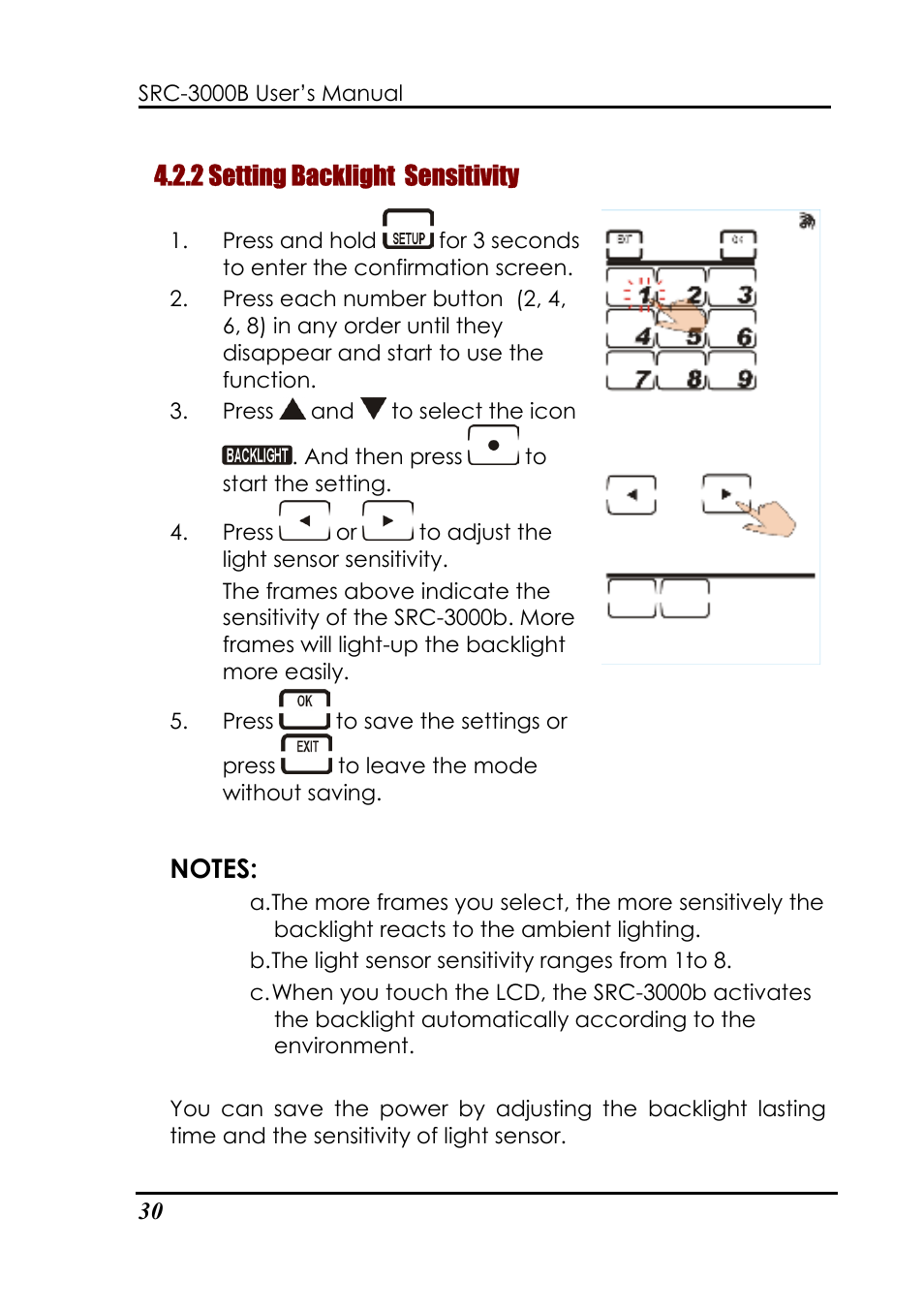 2 setting backlight sensitivity | Sunwave Tech. SRC-3000b User Manual | Page 34 / 42