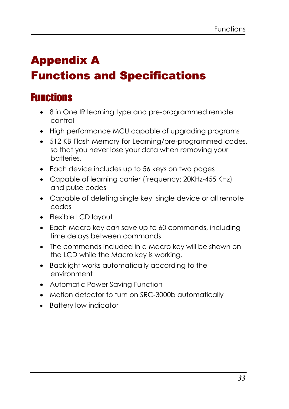 Appendix a functions and specifications, Functions | Sunwave Tech. SRC-3000b User Manual | Page 37 / 42