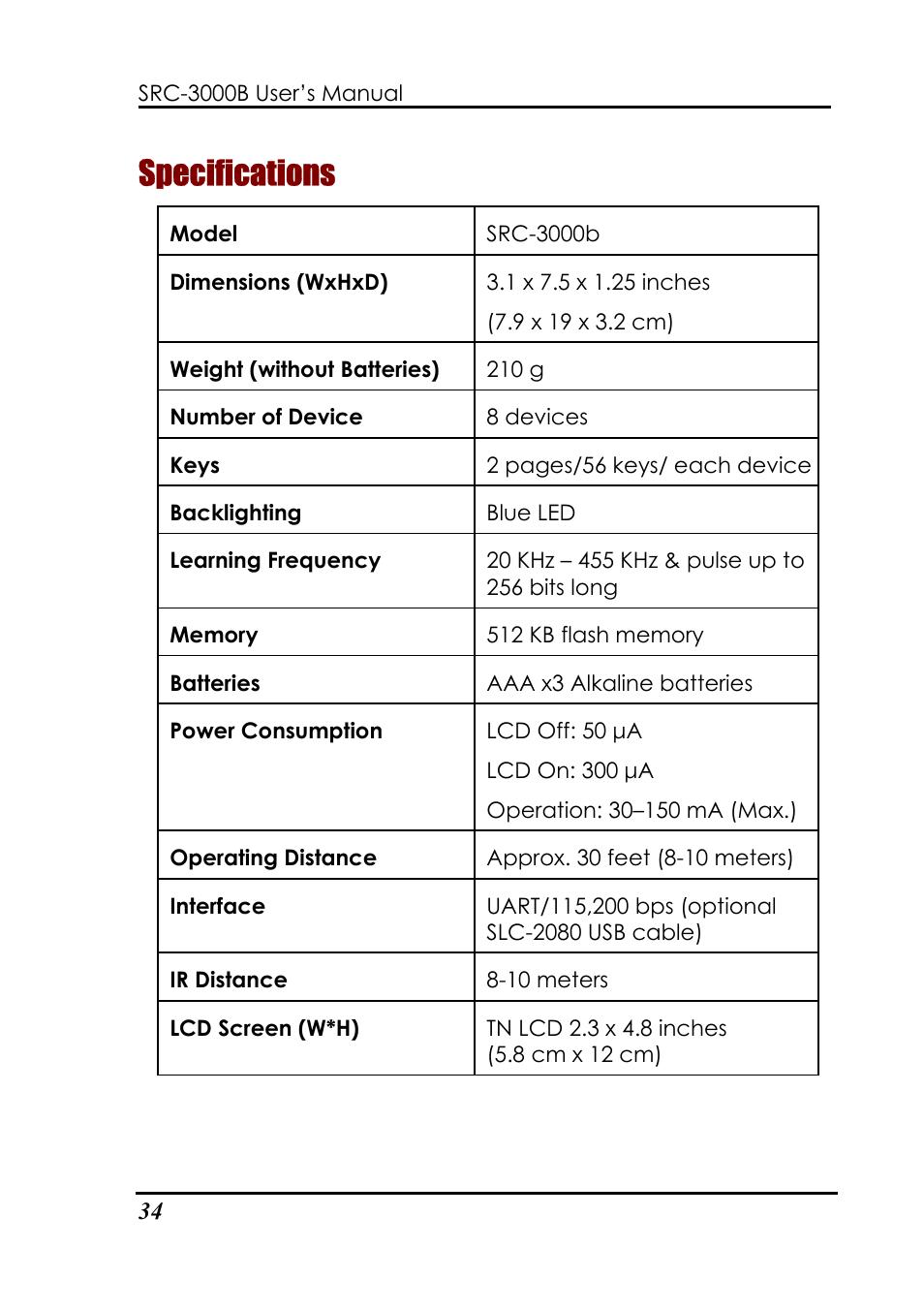 Specifications | Sunwave Tech. SRC-3000b User Manual | Page 38 / 42