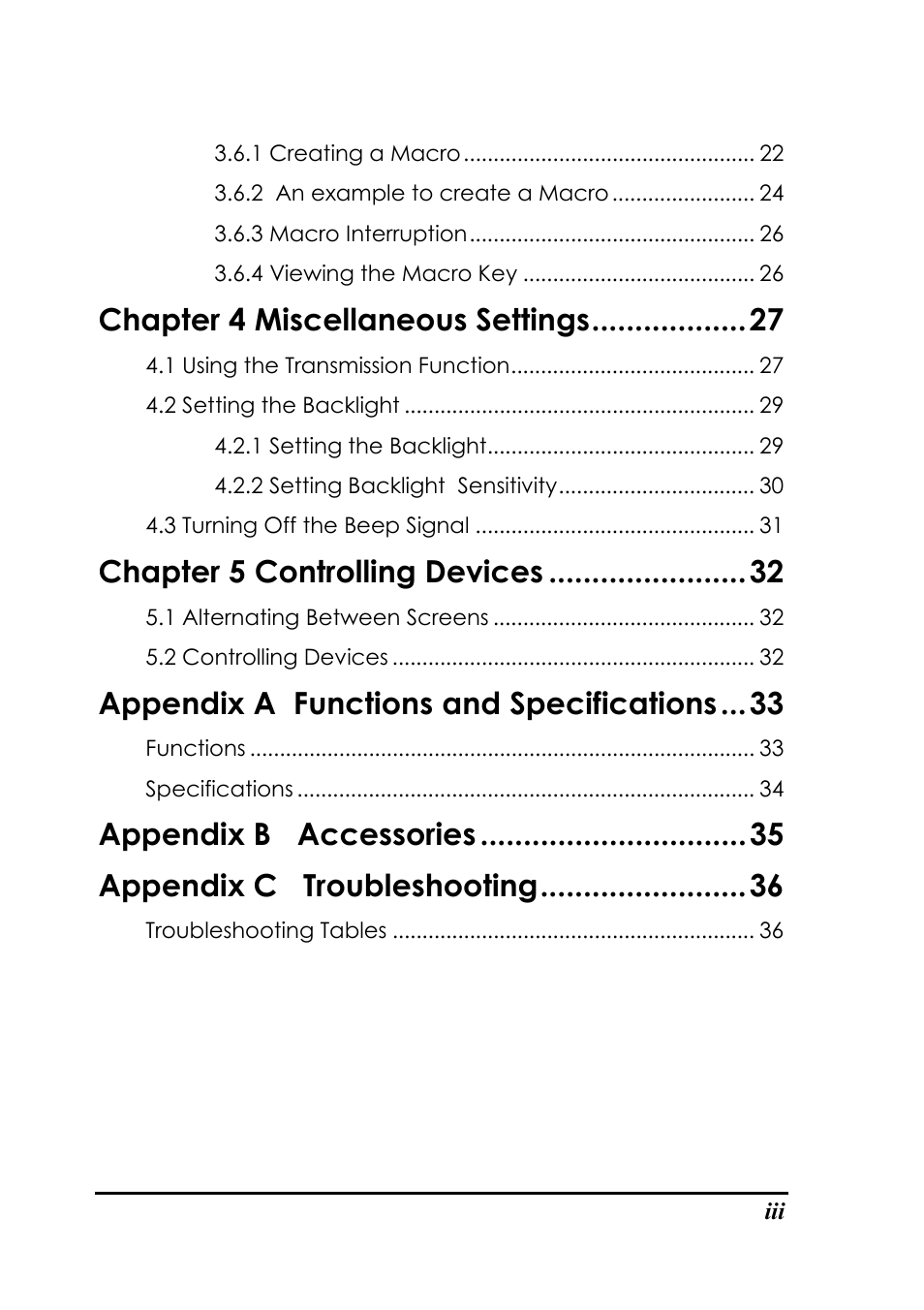 Chapter 4 miscellaneous settings, Chapter 5 controlling devices, Appendix a functions and specifications | Appendix b accessories, Appendix c troubleshooting | Sunwave Tech. SRC-3000b User Manual | Page 4 / 42