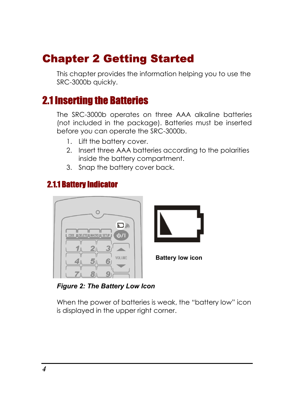 Chapter 2 getting started, 1 inserting the batteries | Sunwave Tech. SRC-3000b User Manual | Page 8 / 42