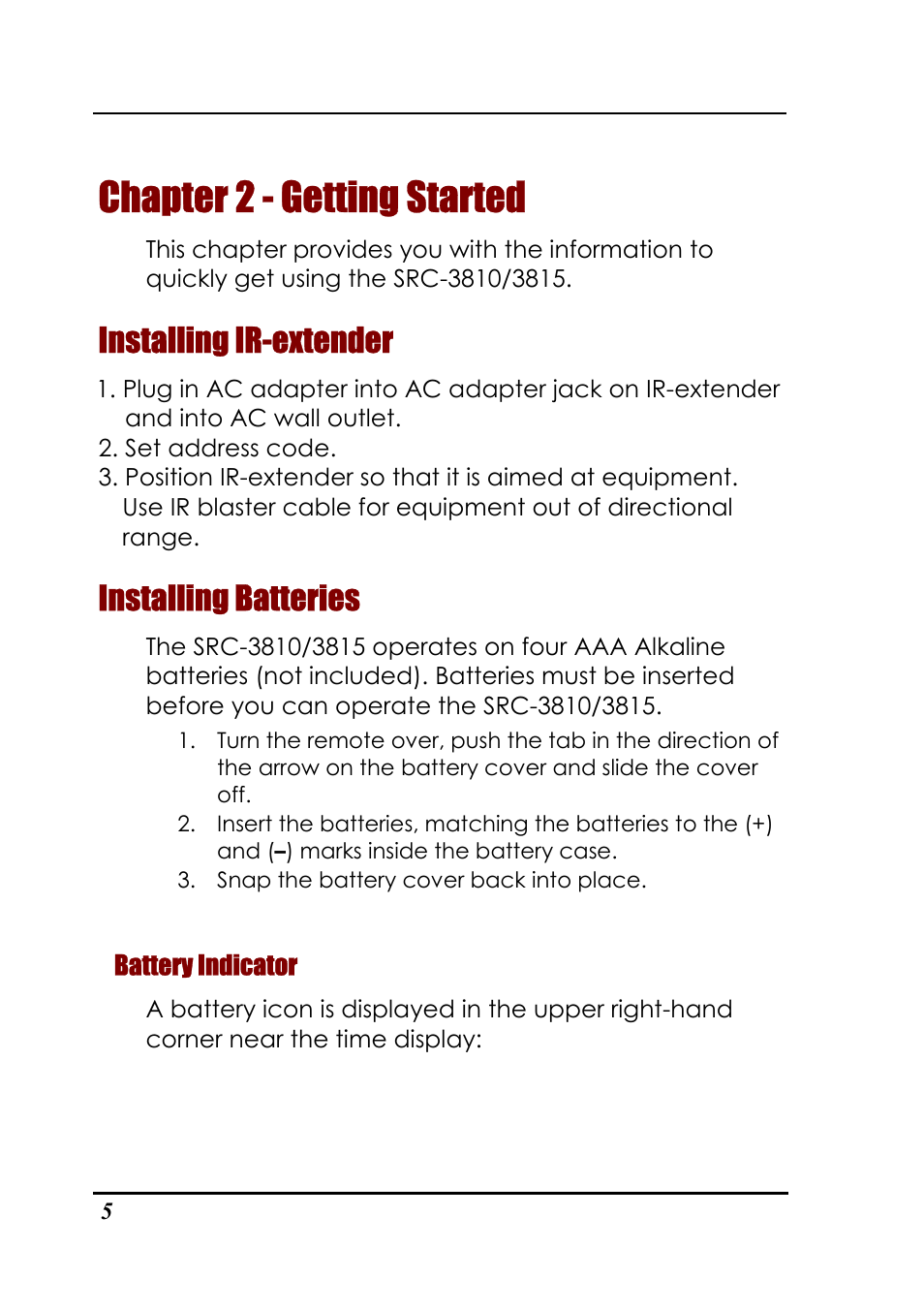 Chapter 2 - getting started, Installing ir-extender, Installing batteries | Sunwave Tech. 3815 User Manual | Page 11 / 58