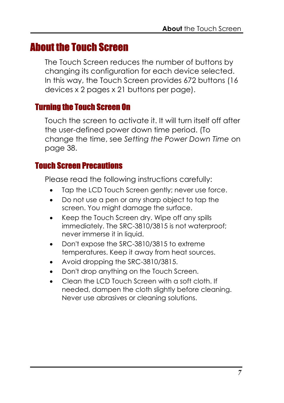 About the touch screen | Sunwave Tech. 3815 User Manual | Page 13 / 58