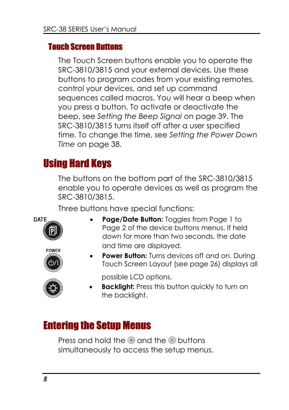 Using hard keys, Entering the setup menus | Sunwave Tech. 3815 User Manual | Page 14 / 58