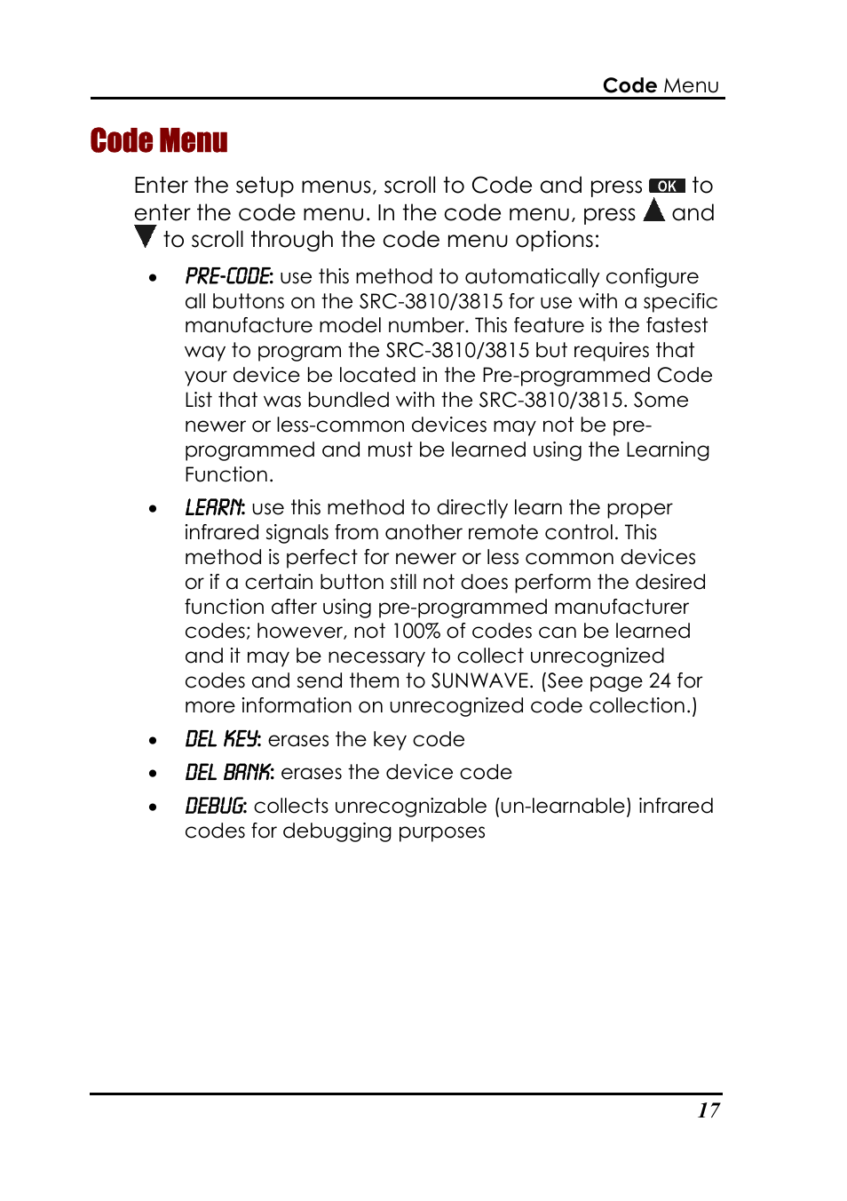 Code menu, Pre-code, Learn | Del key, Del bank, Debug | Sunwave Tech. 3815 User Manual | Page 23 / 58