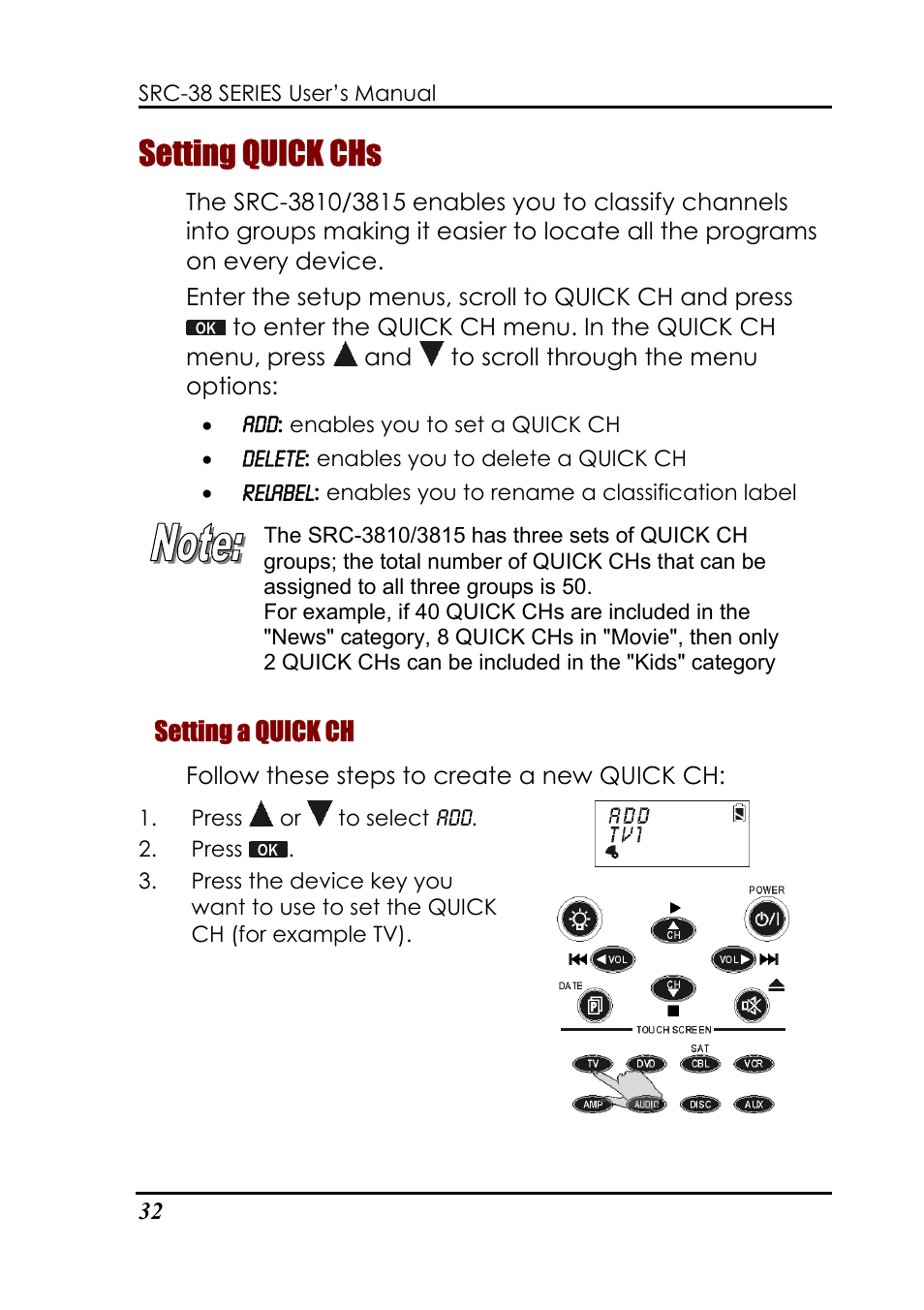 Setting quick chs, Setting a quick ch | Sunwave Tech. 3815 User Manual | Page 38 / 58