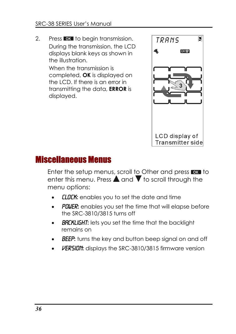 Miscellaneous menus, Clock, Power | Backlight, Beep, Version | Sunwave Tech. 3815 User Manual | Page 42 / 58
