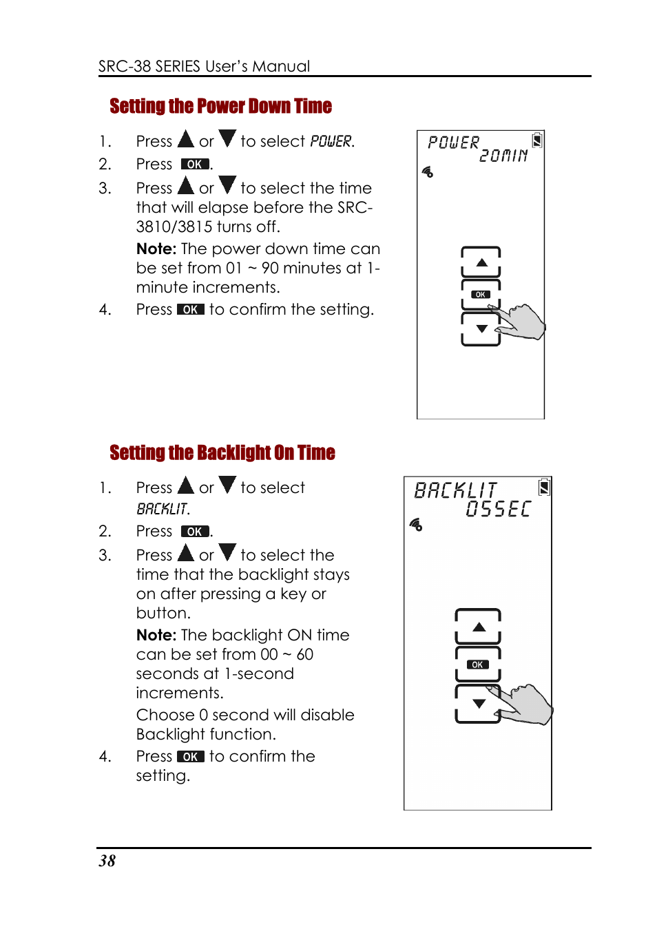 Setting the power down time, Setting the backlight on time | Sunwave Tech. 3815 User Manual | Page 44 / 58