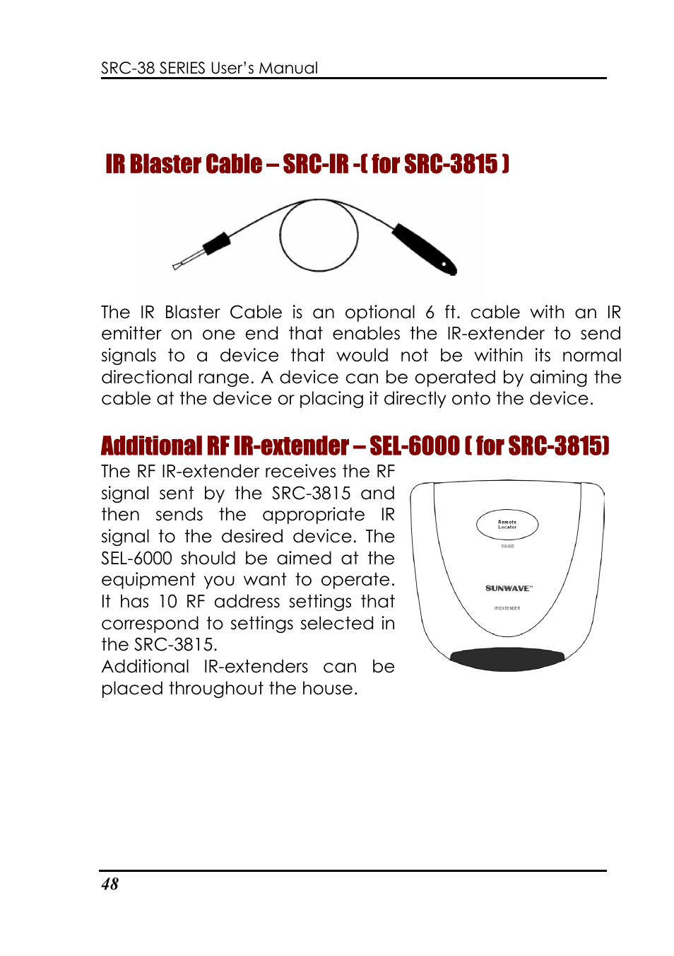 Ir blaster cable – src-ir -( for src-3815 ) | Sunwave Tech. 3815 User Manual | Page 54 / 58