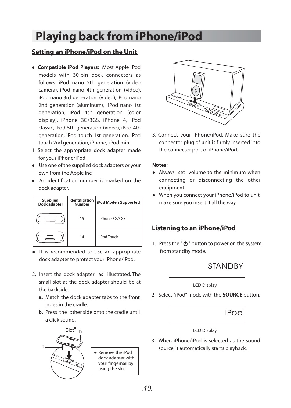 Playing back from iphone/ipod, Setting an iphone/ipod on the unit, Listening to an iphone/ipod | SoundFreaq SFQ-01 User Manual | Page 11 / 20