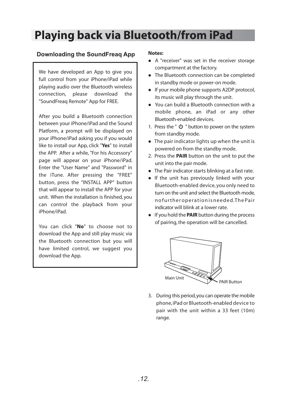 Playing back via bluetooth/from ipad | SoundFreaq SFQ-01 User Manual | Page 13 / 20