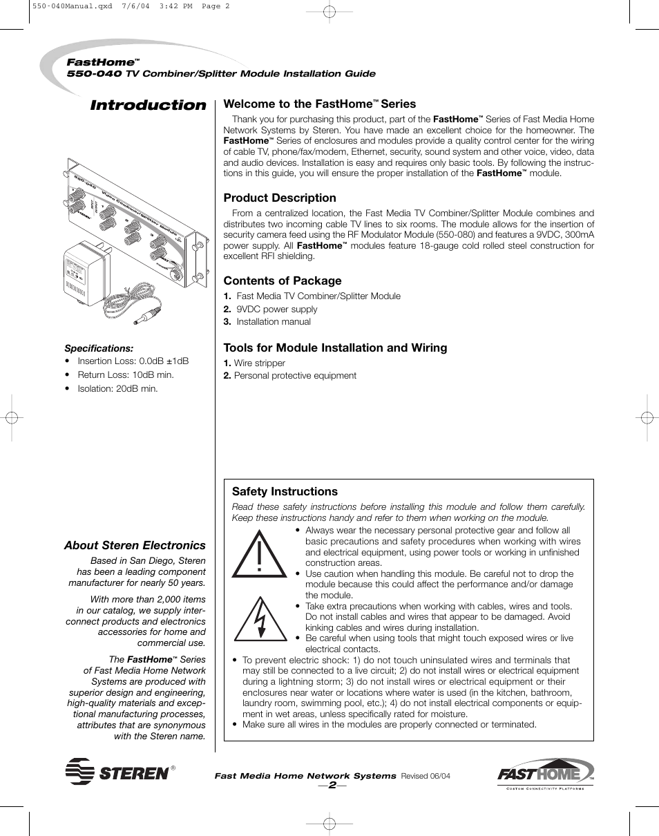 Introduction, Welcome to the fasthome, Series | Product description, Contents of package, Tools for module installation and wiring, About steren electronics, Safety instructions, 2— fasthome, Specifications | Steren 550-040 User Manual | Page 2 / 4