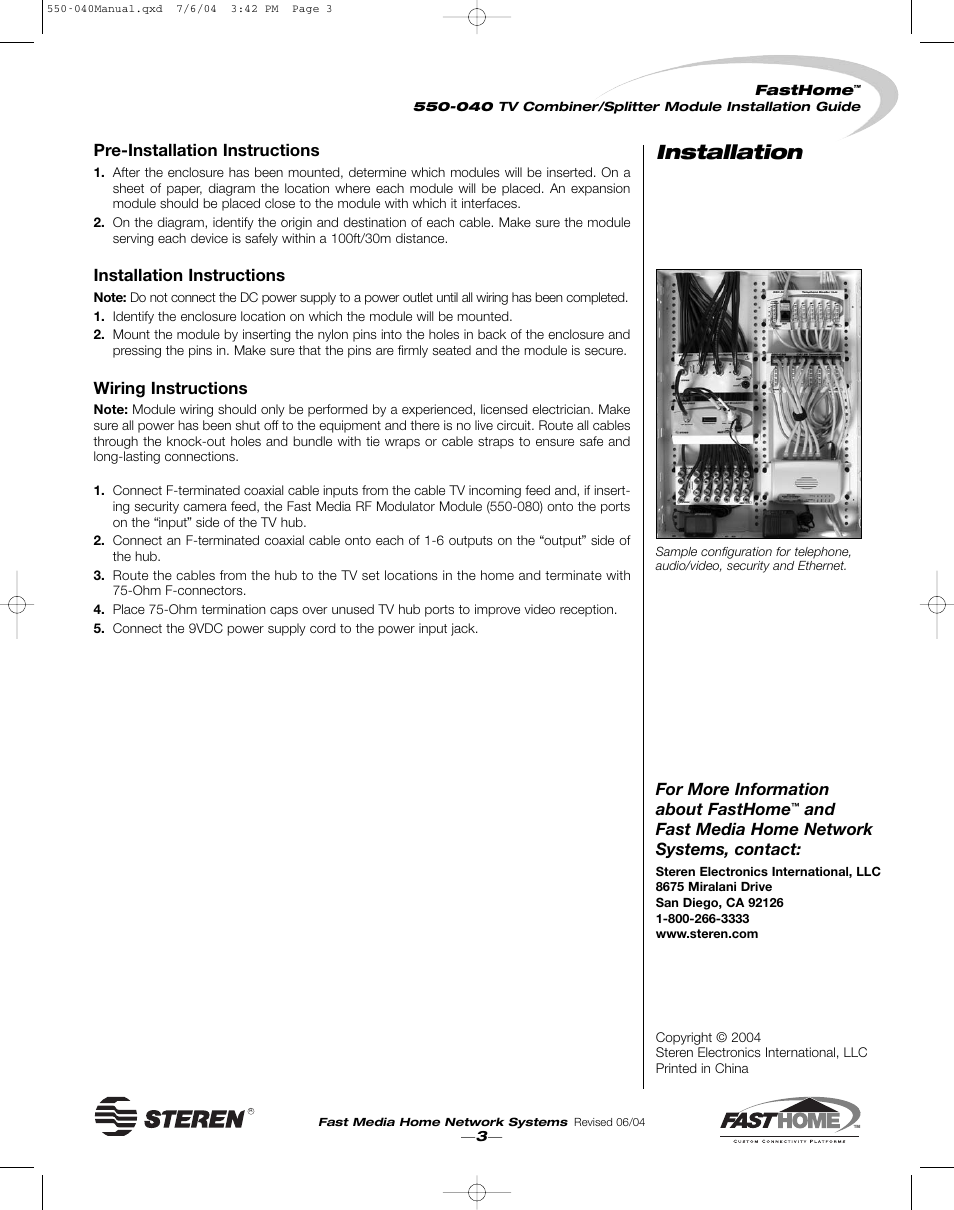 Installation, Pre-installation instructions, Installation instructions | Wiring instructions, For more information about fasthome, And fast media home network systems, contact | Steren 550-040 User Manual | Page 3 / 4