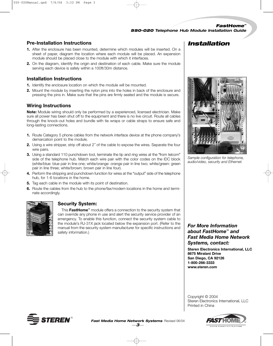 Installation, Pre-installation instructions, Installation instructions | Wiring instructions, Security system, For more information about fasthome, And fast media home network systems, contact | Steren FAST HOME 550-020 User Manual | Page 3 / 4