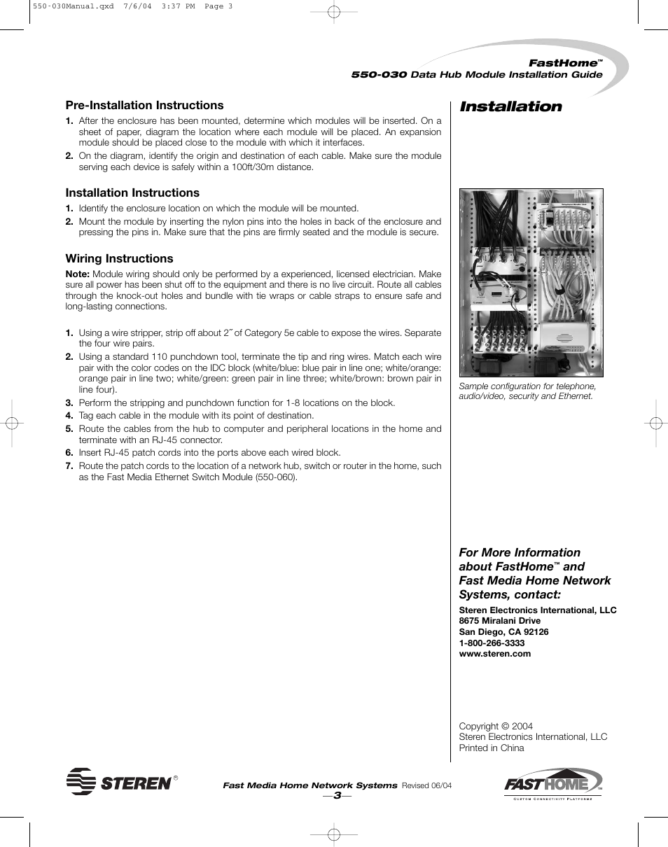 Installation, Pre-installation instructions, Installation instructions | Wiring instructions, For more information about fasthome, And fast media home network systems, contact | Steren 550-030 User Manual | Page 3 / 4